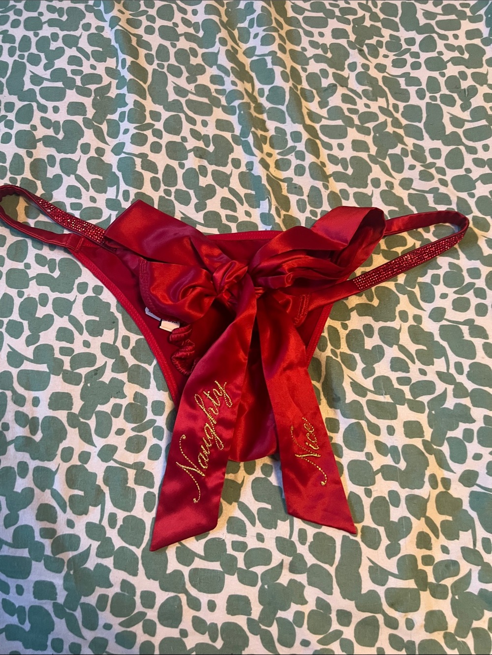 Victoria's Secret Red Satin Bow Thong with Gold Script